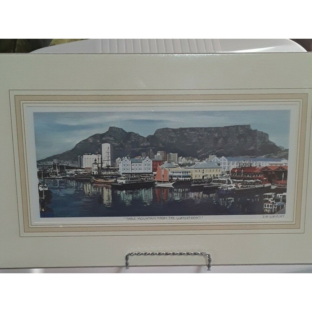 Vtg J.H. Wright Painting Lithograph "Table Mountain From The Waterfront" 11x5 i